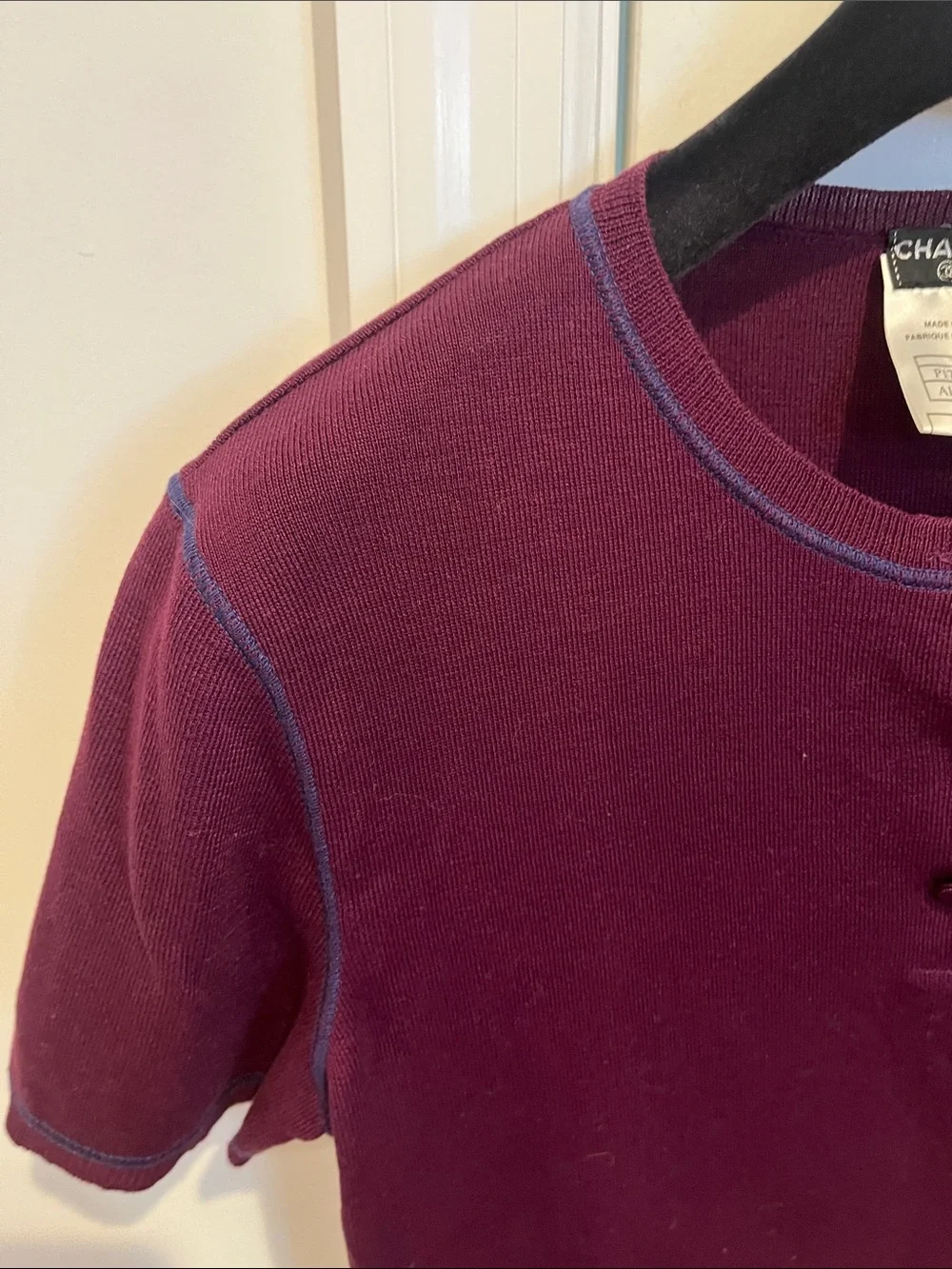CHANEL Plum Short Sleeve Henley with Blue Contrast Stitching